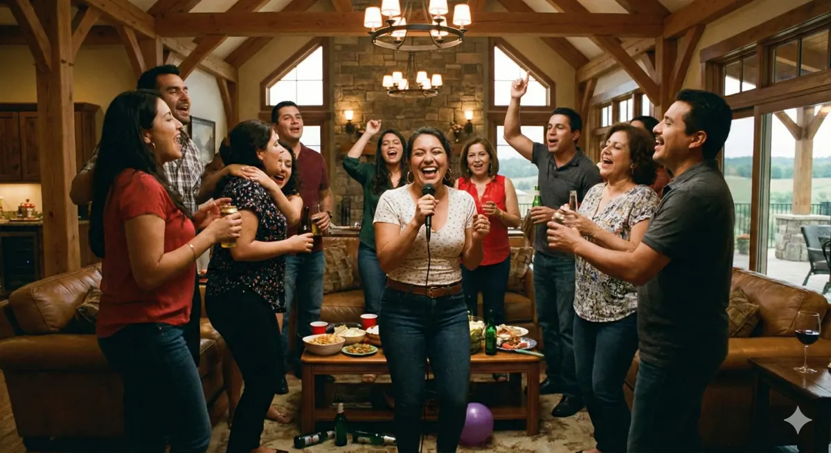 Invitados cantando karaoke en una fiesta en casa